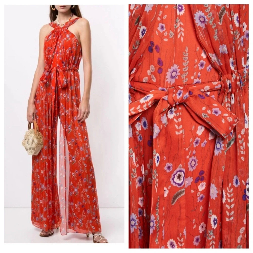 Alexis Janina floral halter Jumpsuit Orange Red 16806